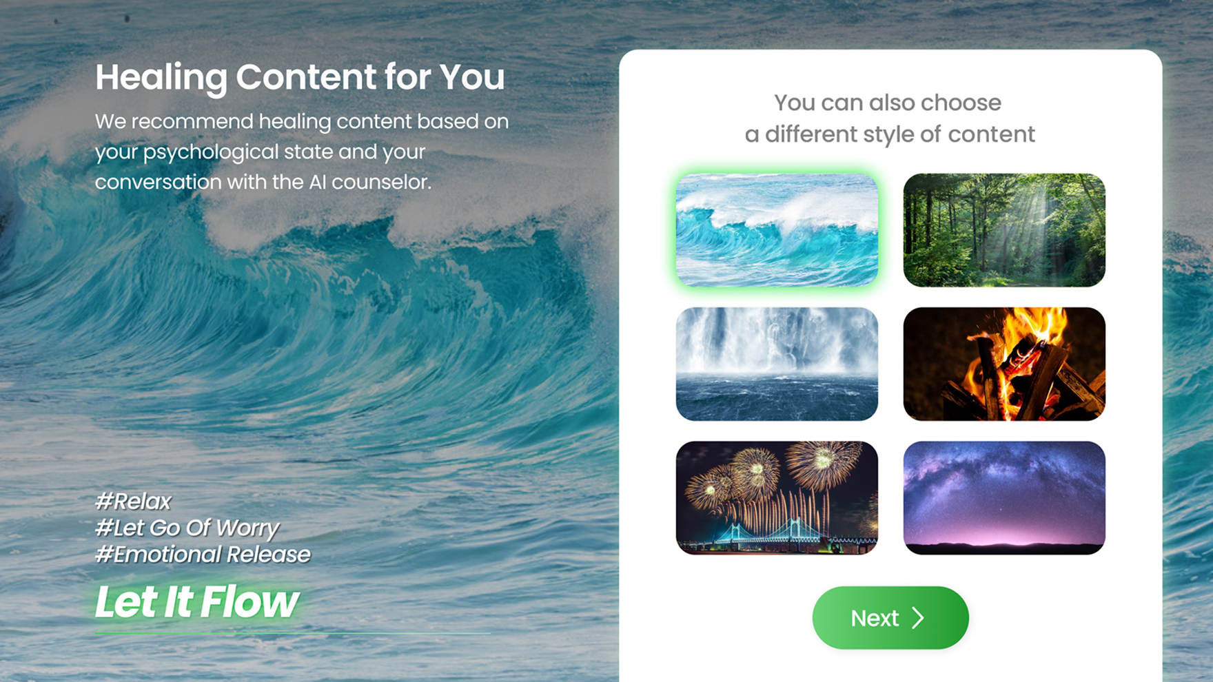 Healing content selection screen